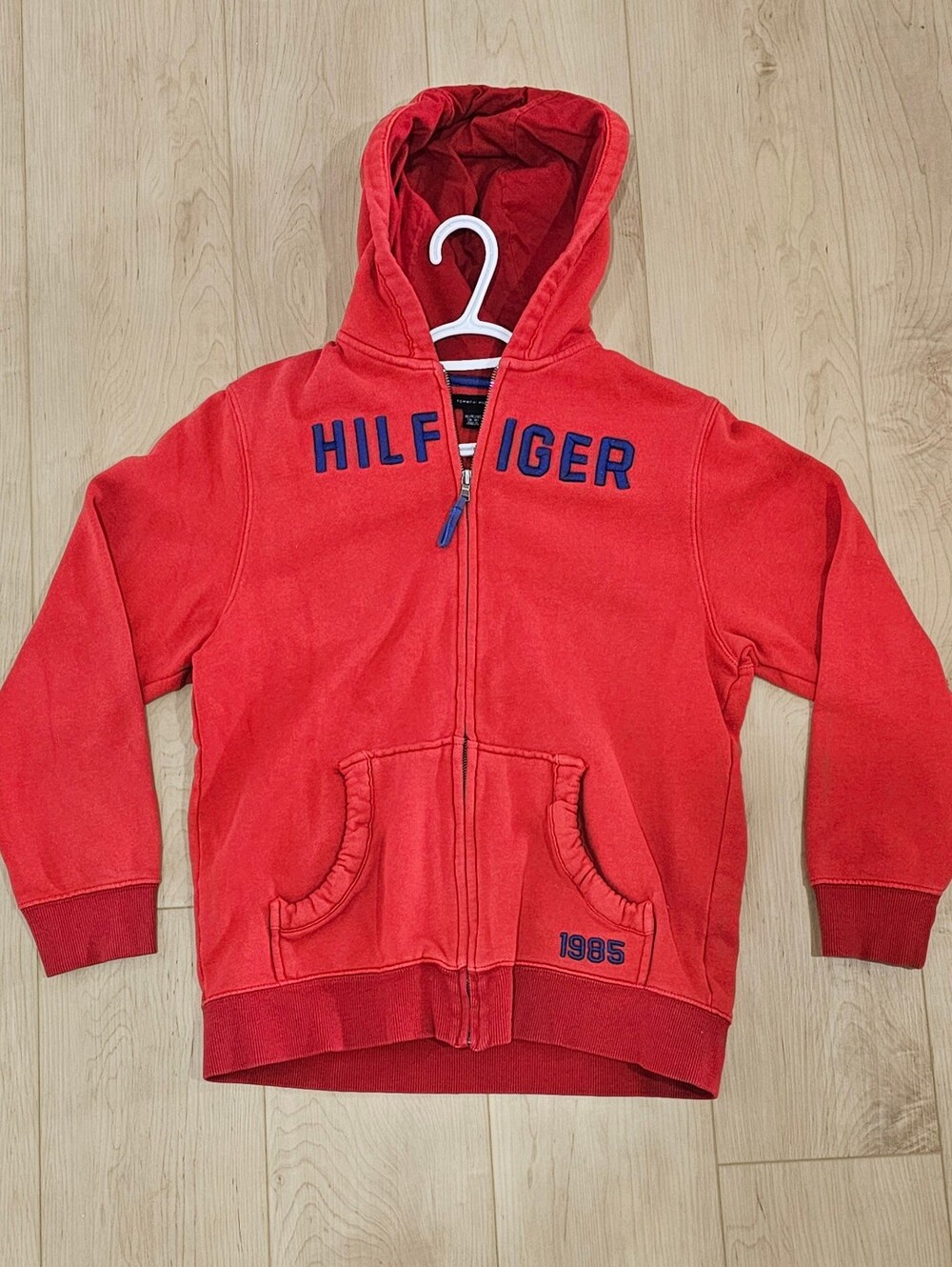 Tommy Hilfiger Kids Red Zip Front Hoodie with Blue Lettering (Youth XL 16-18)